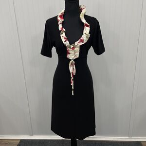 Leona Edmiston Womens Size 10 Black Contrast Ruffle Collar 1/2 Sleeve Midi Dress